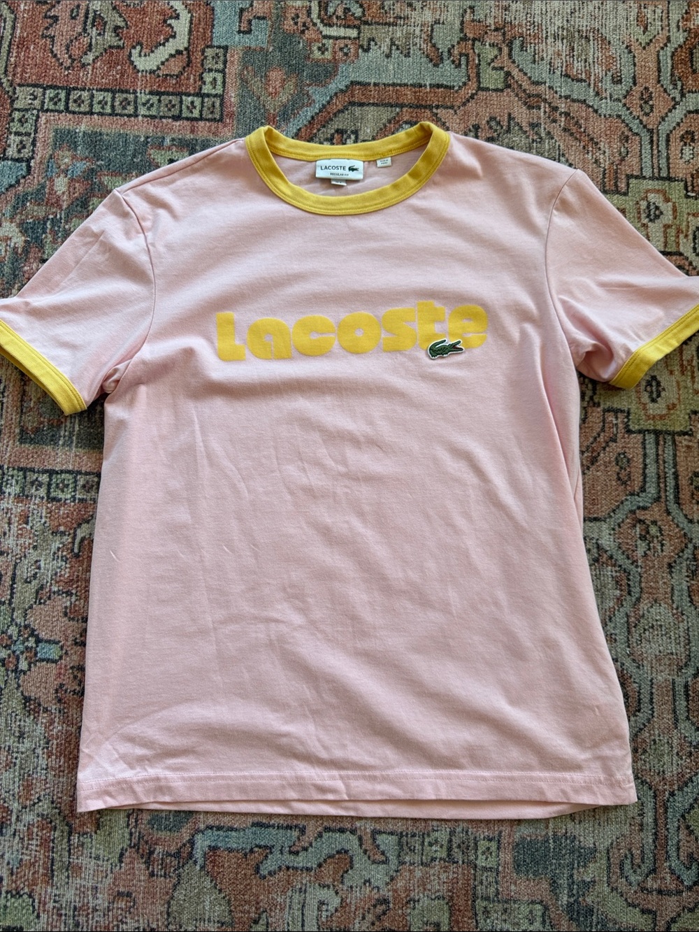 Lacoste Pink Tee with Yellow Ringer and Logo Size Medium